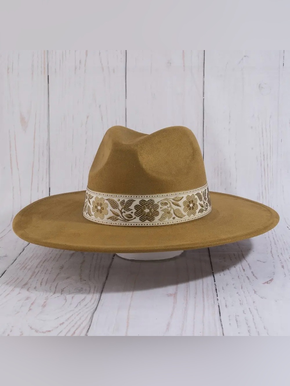 Womens Wide-Brim Fedora Hat with Embroidered Band - Tan